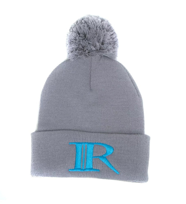 BLUE AND GRAY POM BEANIE